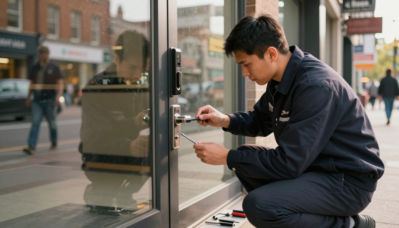 Locksmith working on high-security commercial door lock at storefront