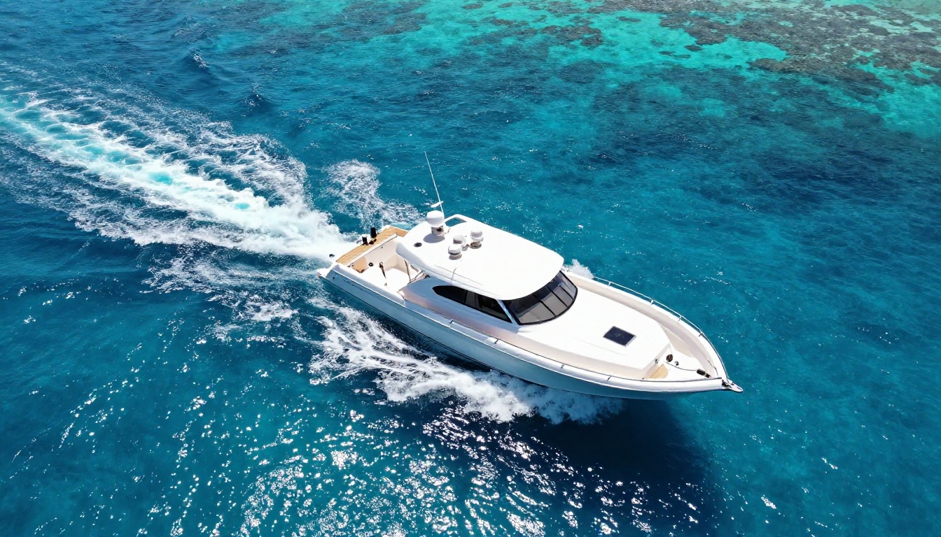 Aerial drone view of white sport fishing boat on turquoise tropical water Aerial drone view of white sport fishing boat on turquoise tropical water