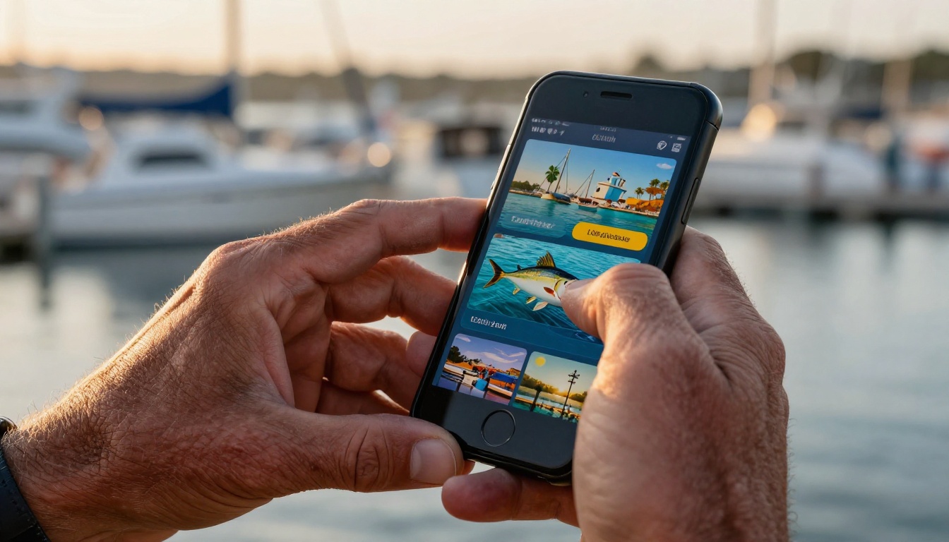 Weathered fisherman hands scrolling through digital fishing charter flipbook on smartphone Weathered fisherman hands scrolling through digital fishing charter flipbook on smartphone
