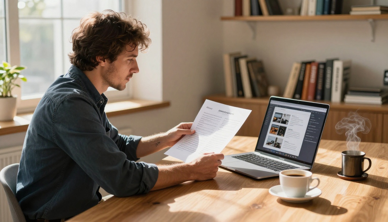 Locksmith comparing print brochure vs digital catalog on laptop