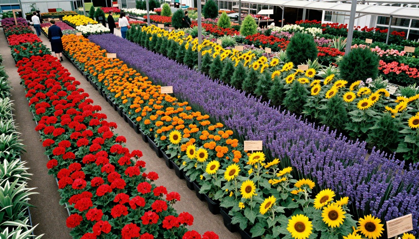 Aerial view of a thriving garden center with rows of colorful flowering plants