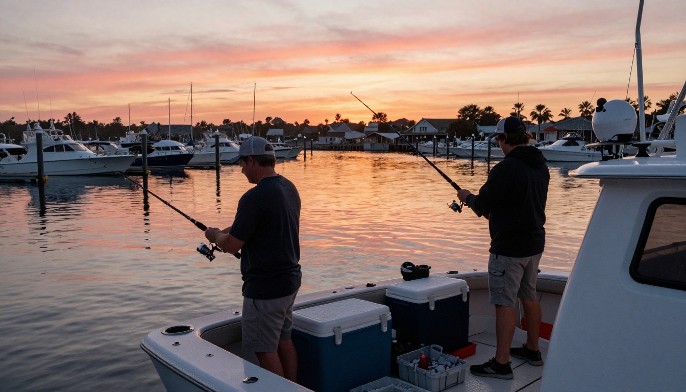 Charter captain and mate prepping rods and tackle at sunrise marina Charter captain and mate prepping rods and tackle at sunrise marina