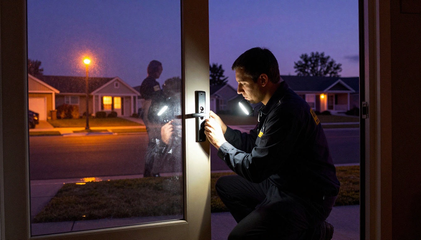 Emergency locksmith arriving at residential door at blue-hour dusk