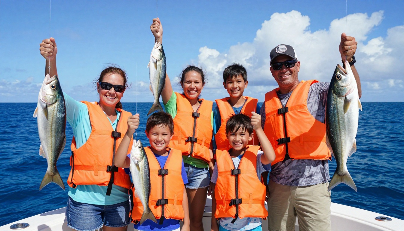 Happy family of four holding up fish catches on sunny charter boat deck Happy family of four holding up fish catches on sunny charter boat deck