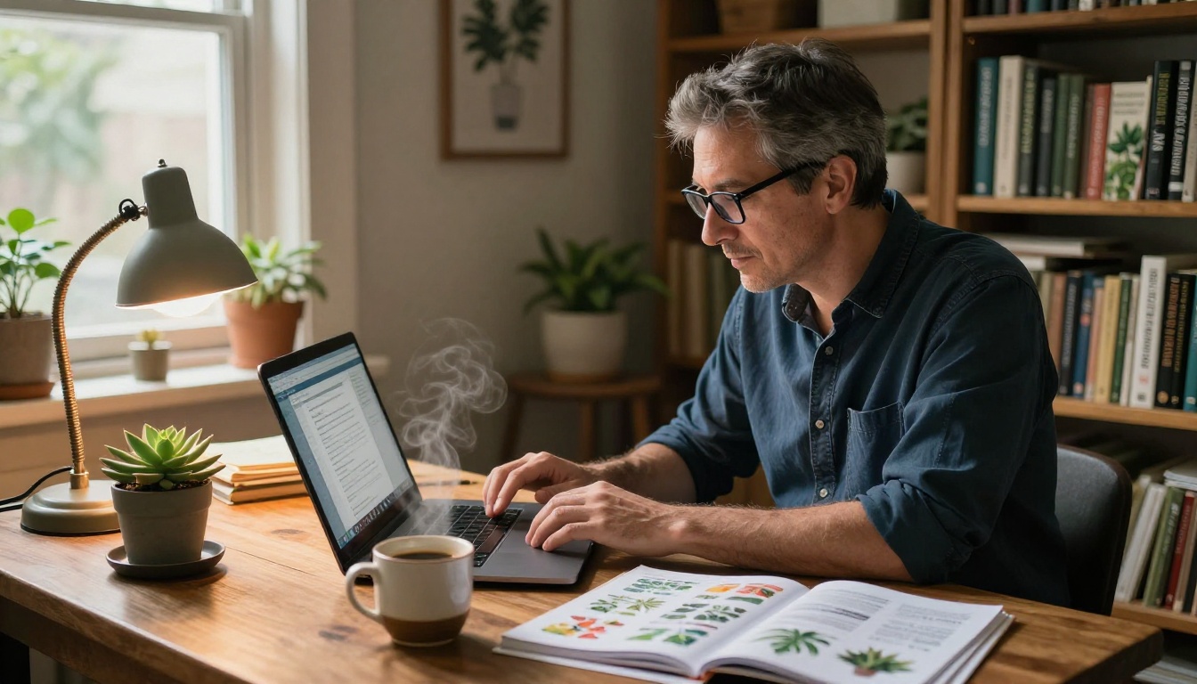 Garden center owner at a wooden desk uploading a PDF catalog on his laptop