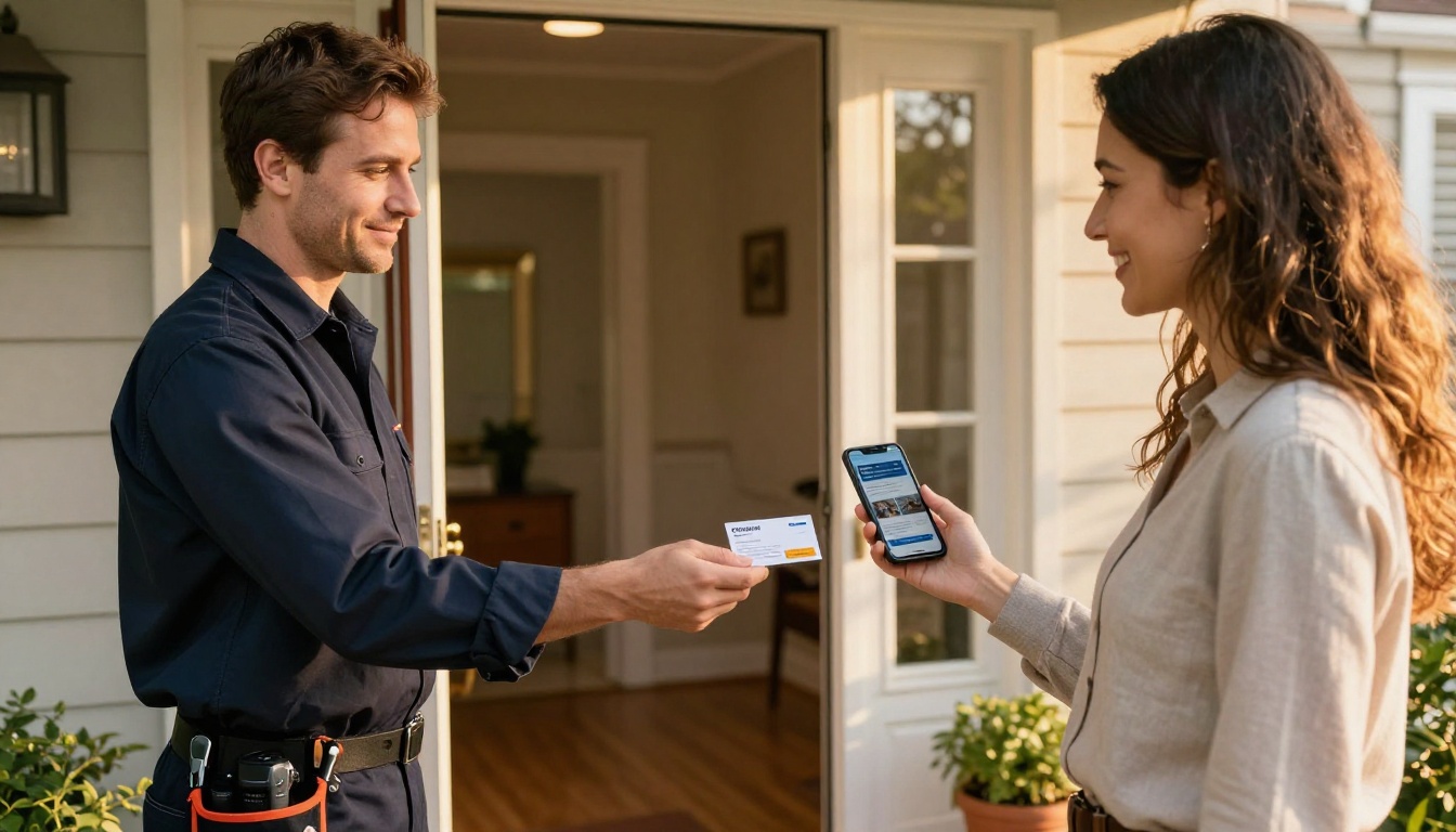 Locksmith handing business card to client reviewing digital brochure on phone