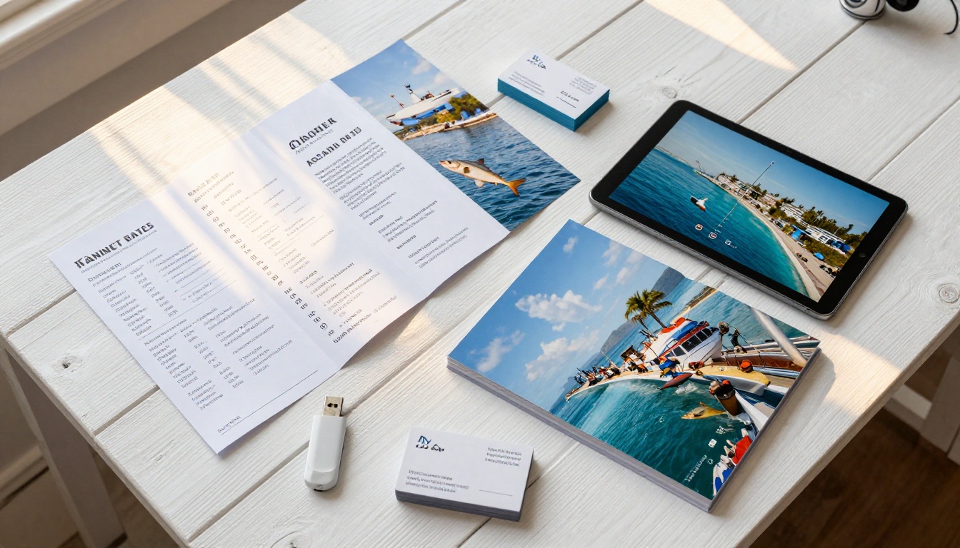 Overhead flat-lay of fishing charter marketing materials with tablet showing digital flipbook Overhead flat-lay of fishing charter marketing materials with tablet showing digital flipbook