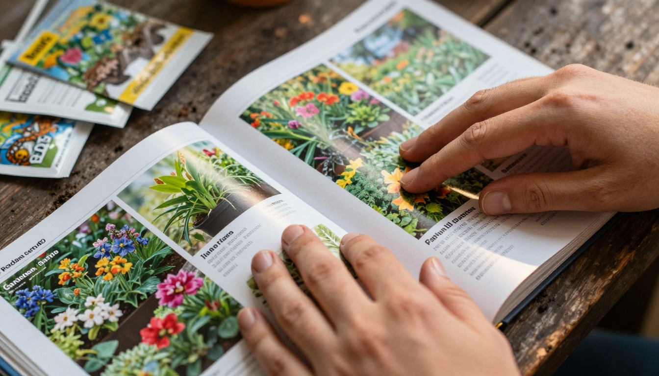 Close-up of hands with soil-stained fingertips turning the glossy pages of a printed garden center catalog