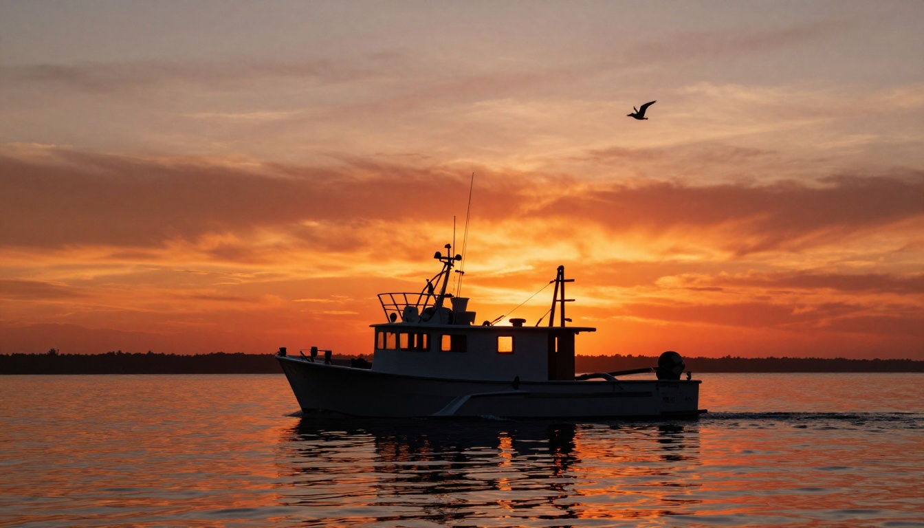 Fishing charter boat silhouetted against blazing sunset sky returning to port Fishing charter boat silhouetted against blazing sunset sky returning to port