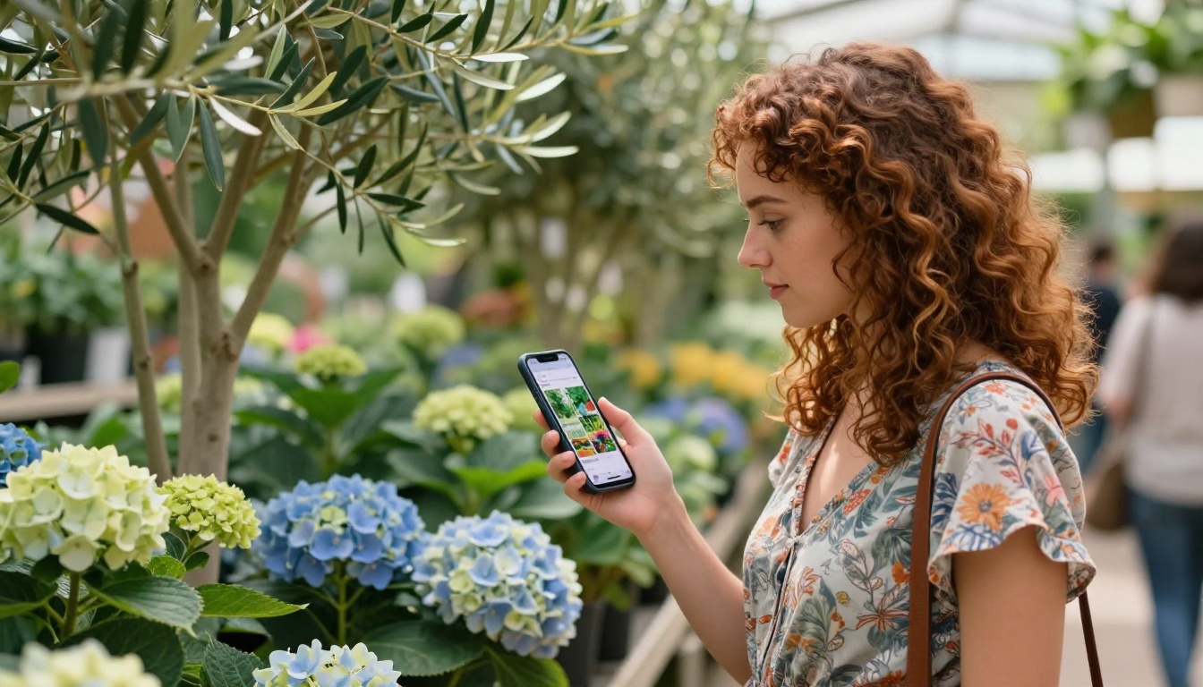Young woman browsing a digital plant catalog on her smartphone while standing in a garden center