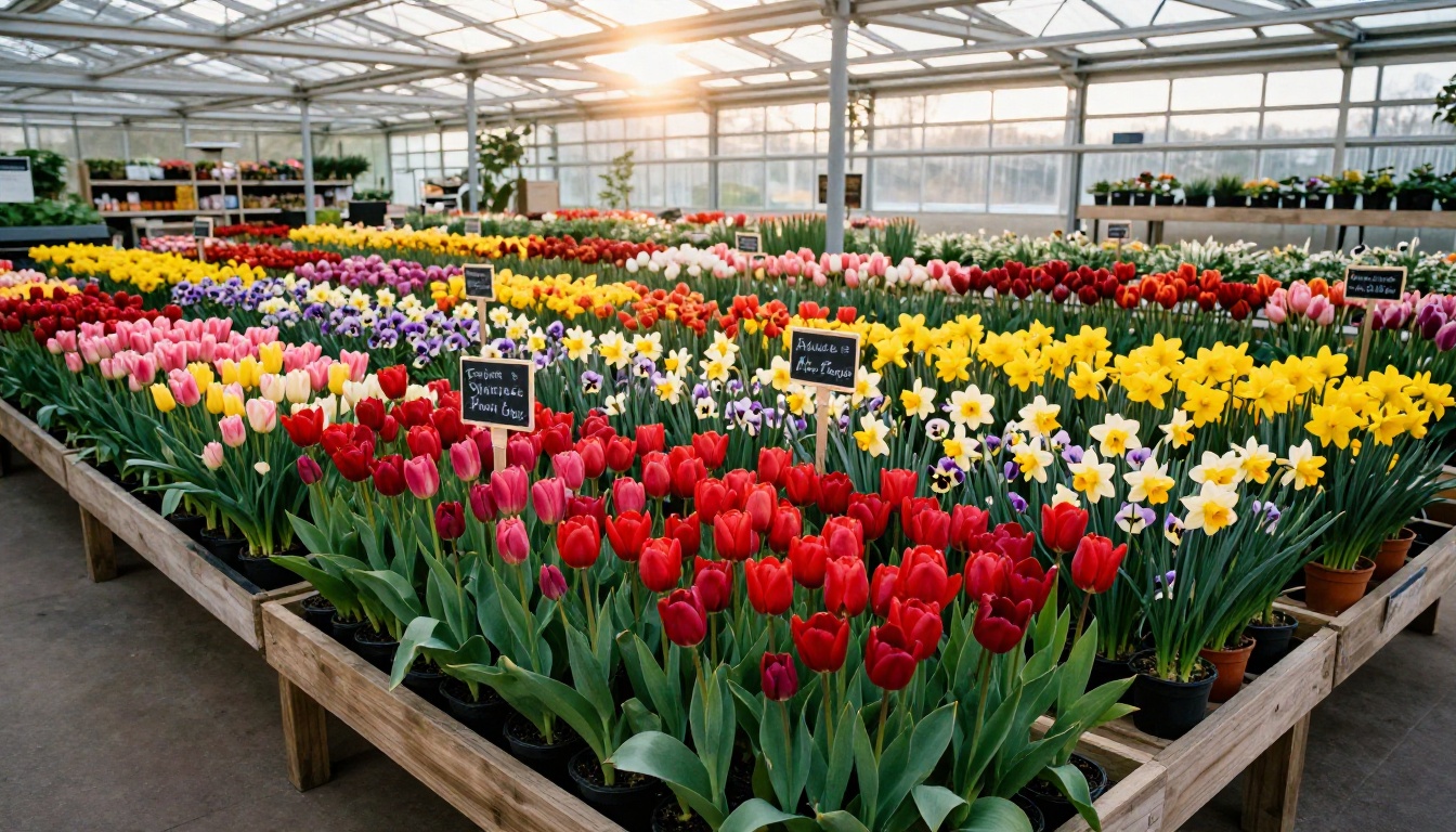 Wide-angle view of a seasonal spring plant display in garden center with tulips, daffodils, and pansies