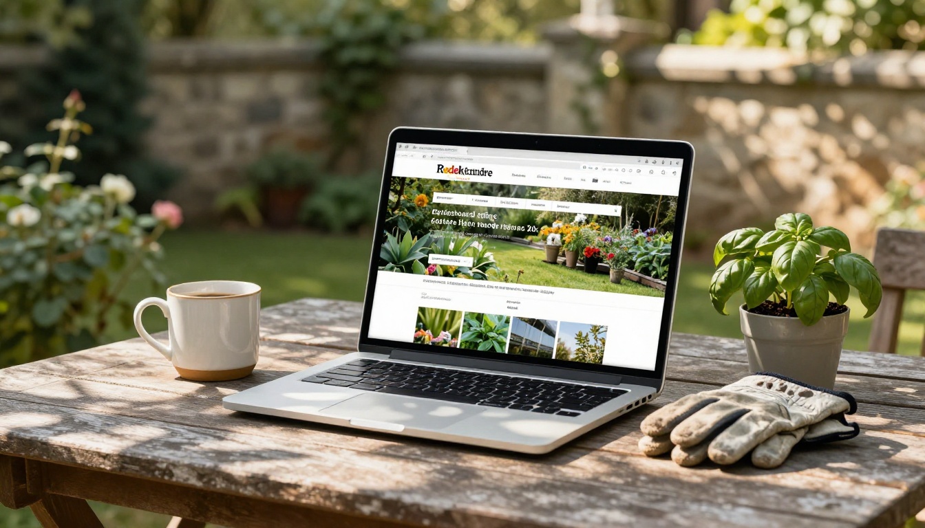 Laptop on a sun-dappled garden patio table showing an embedded digital catalog on a website