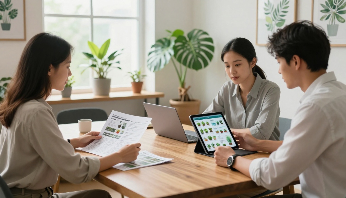 Garden center team of three reviewing printed and digital catalogs together at a conference table