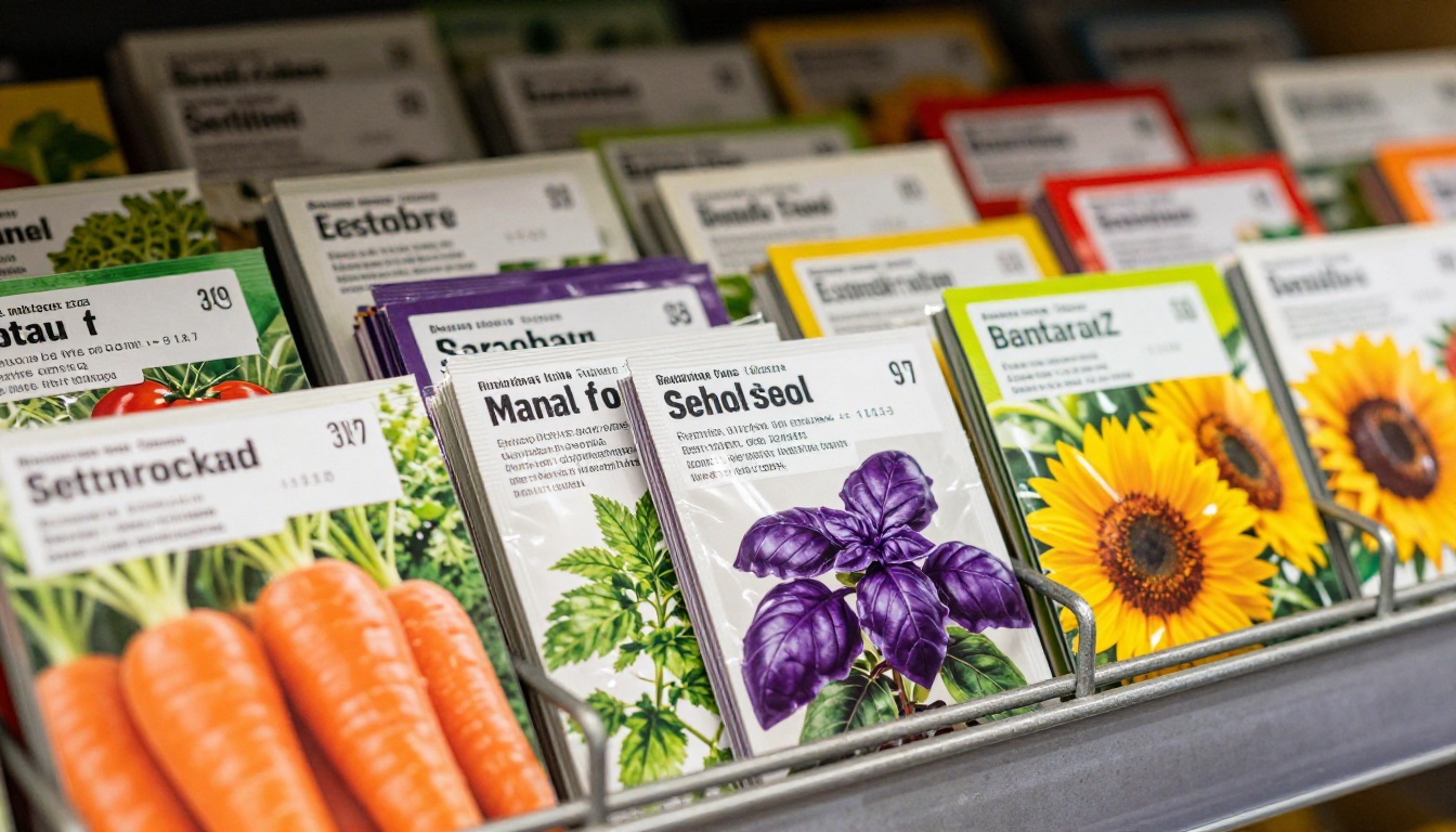 Macro close-up of colorful seed packets and plant identification labels arranged in a garden center display rack