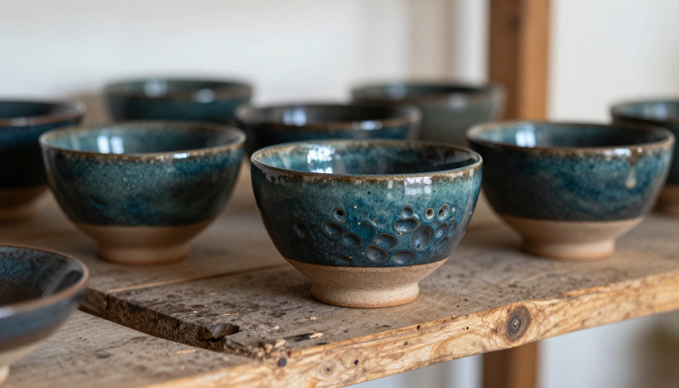 Handmade ceramic stoneware bowls with rich glaze variations displayed on a reclaimed oak shelf with natural side-light