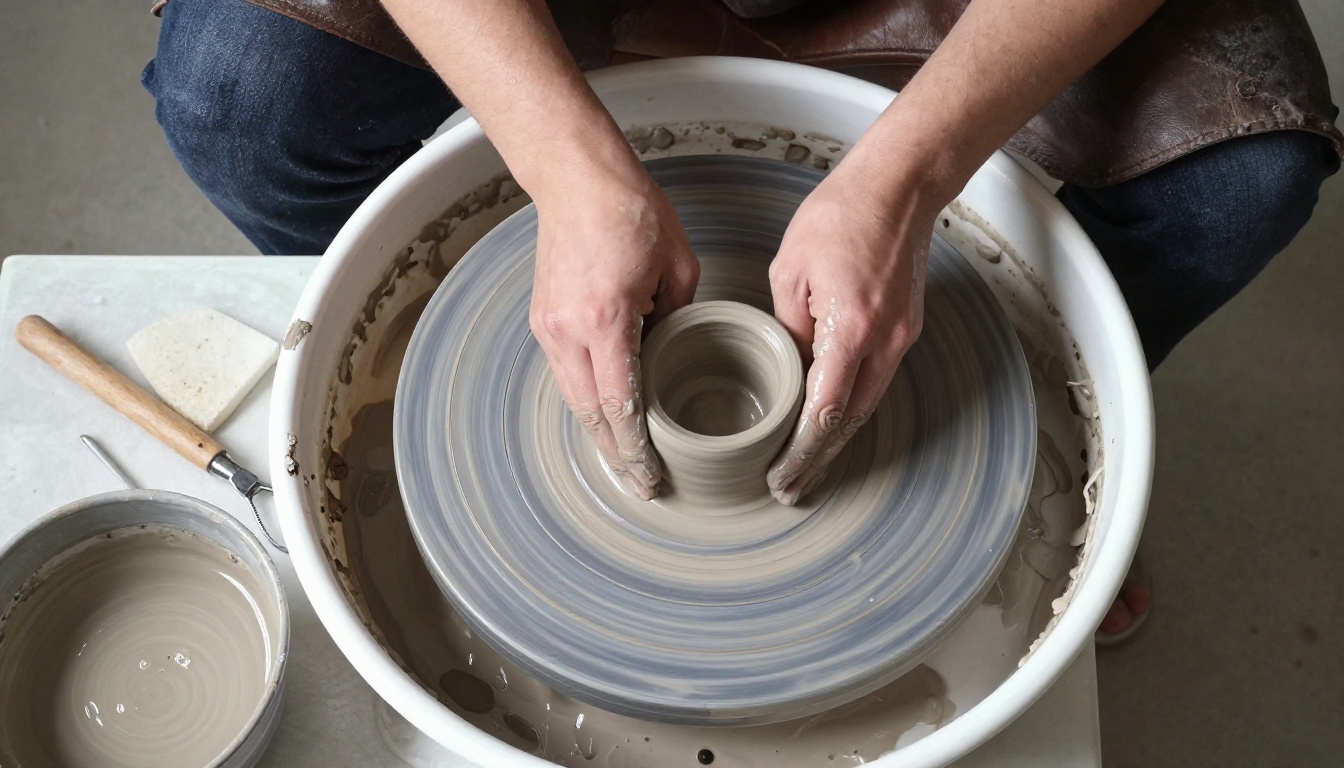 Overhead aerial view of a potter's hands shaping wet grey clay on a spinning wheel with natural studio light