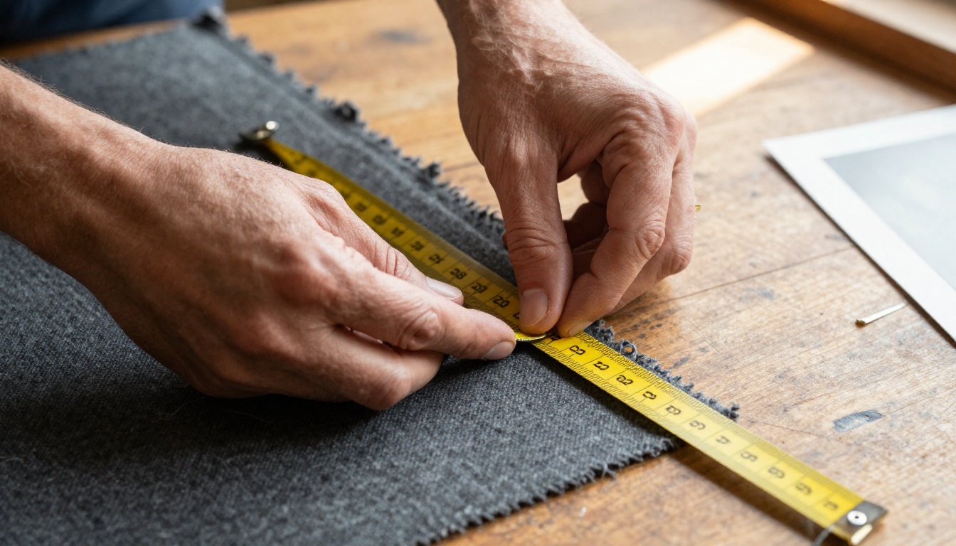 Tailor's hands measuring charcoal wool fabric in workshop Tailor's hands measuring charcoal wool fabric in workshop