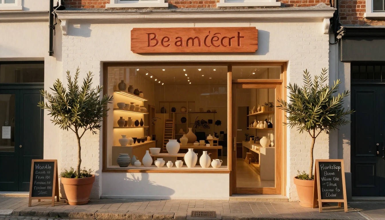 Modern ceramics studio storefront on a cobblestone street bathed in warm golden hour afternoon light