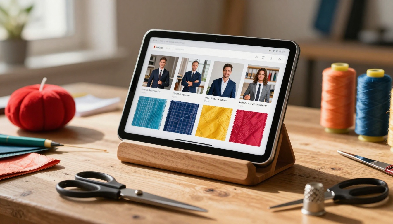 Digital flipbook catalog displayed on tablet surrounded by tailoring tools Digital flipbook catalog displayed on tablet surrounded by tailoring tools