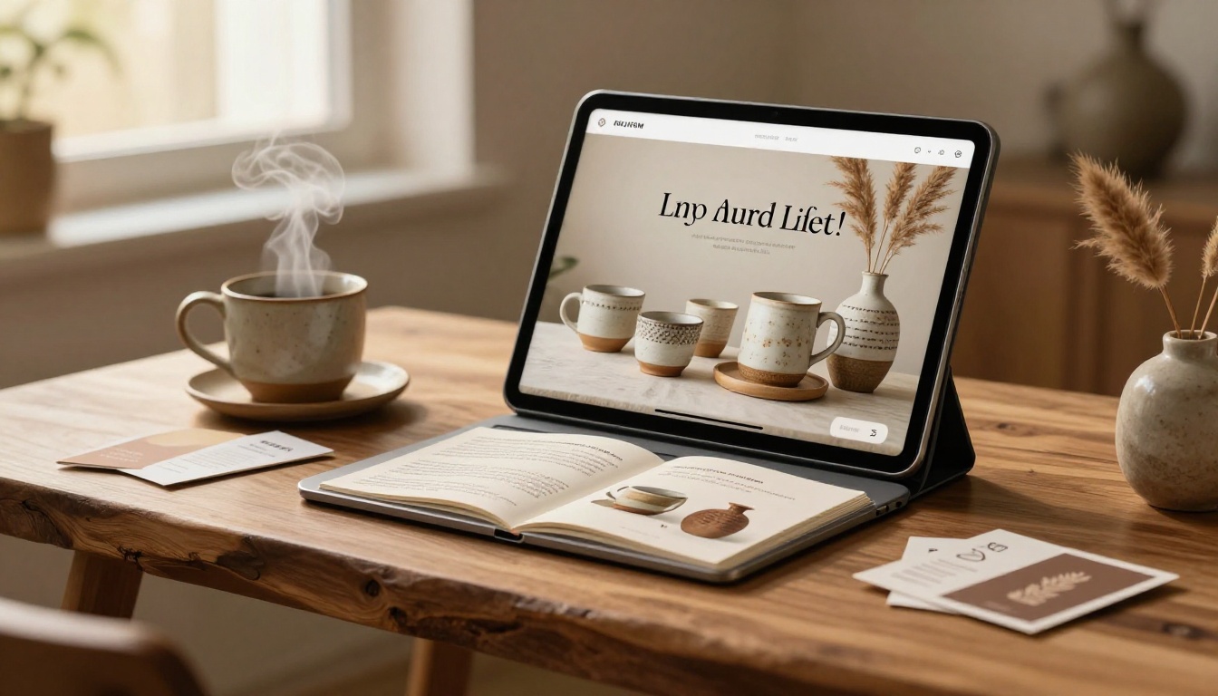 Slim tablet propped on a walnut slab table displaying a ceramics flipbook with page-turn effect, surrounded by stoneware pieces