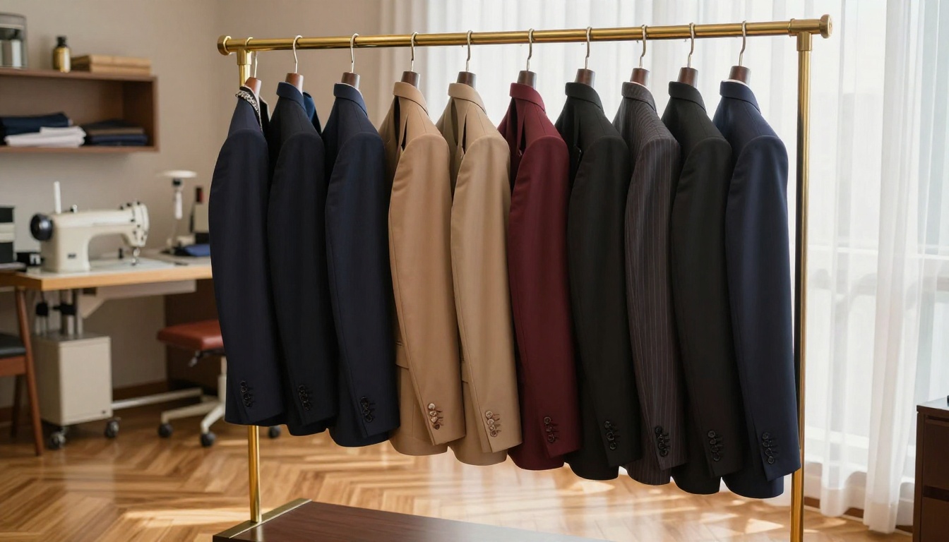 Row of bespoke suits hanging on brass rack in tailor atelier Row of bespoke suits hanging on brass rack in tailor atelier