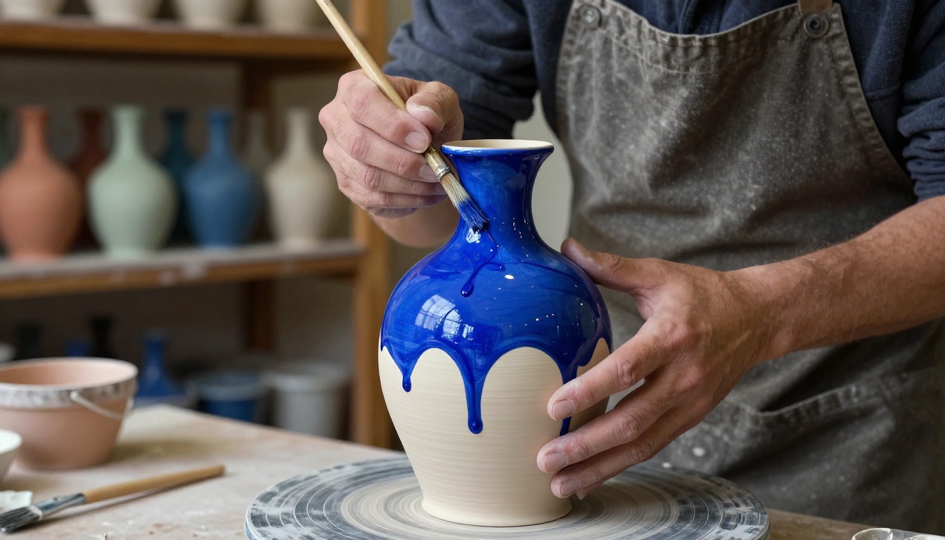 Ceramics artist's hands carefully applying vivid cobalt blue glaze to a tall bisque-fired vase with a flat brush Ceramics artist's hands carefully applying vivid cobalt blue glaze to a tall bisque-fired vase with a flat brush