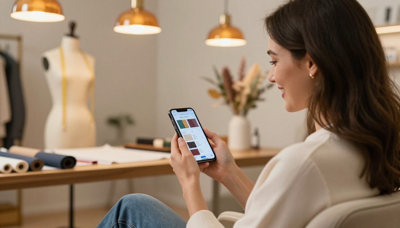 Well-dressed woman browsing tailor shop flipbook on smartphone in boutique Well-dressed woman browsing tailor shop flipbook on smartphone in boutique