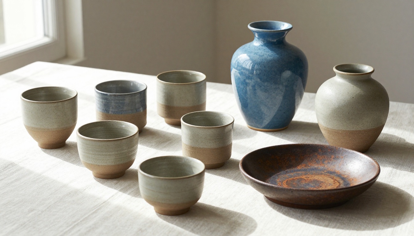 Curated product photography of a dozen handmade stoneware mugs, vases, and pinch-pot cups arranged on warm white linen