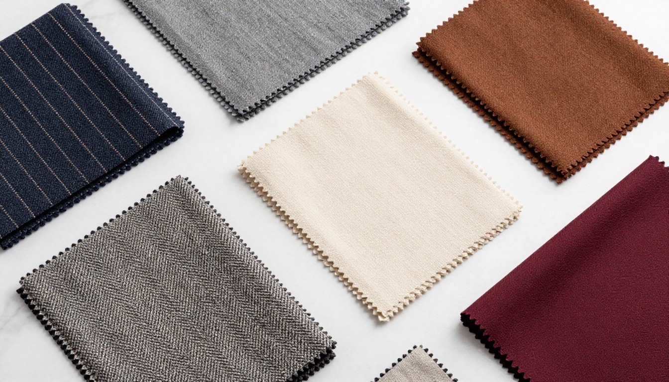 Premium fabric swatches arranged in grid on white marble surface Premium fabric swatches arranged in grid on white marble surface