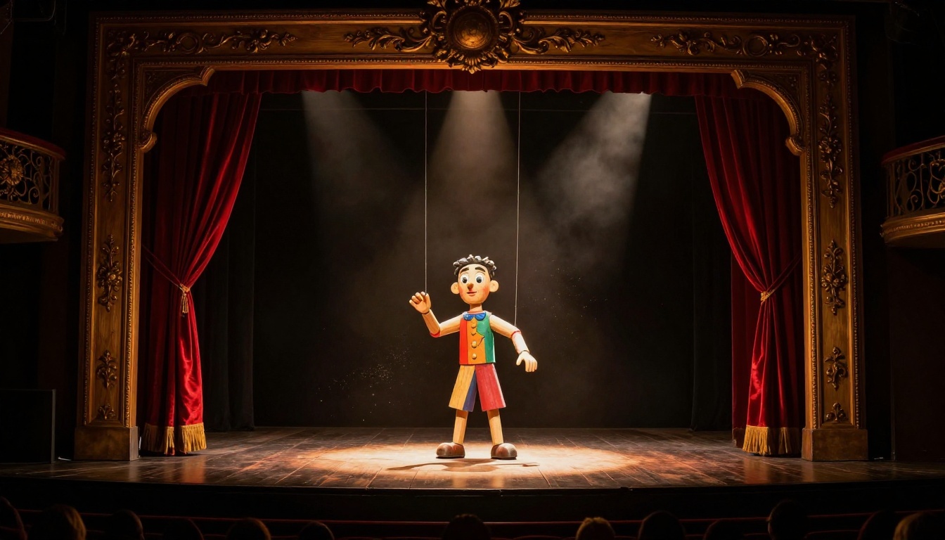 Puppet theater stage with red velvet curtain and marionette under dramatic amber footlights Puppet theater stage with red velvet curtain and marionette under dramatic amber footlights