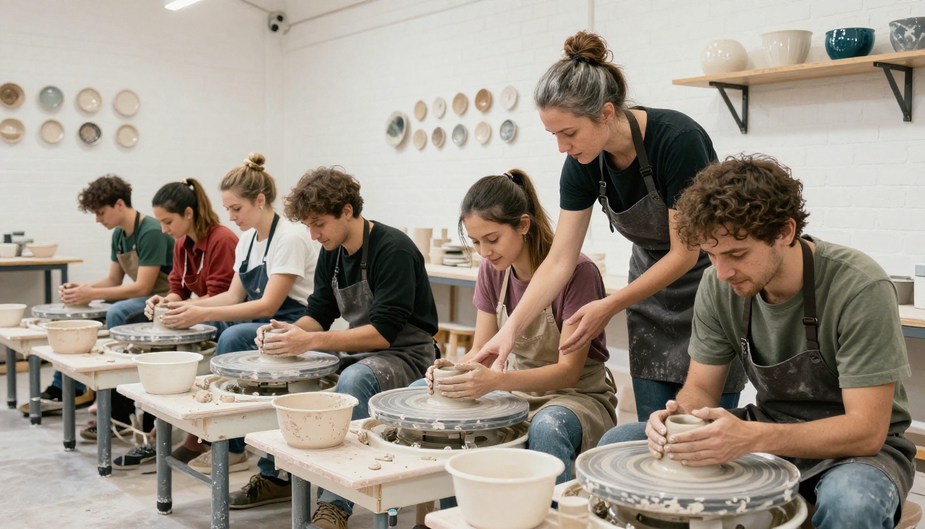 Ceramics workshop class in a bright studio with students at wheels and an instructor guiding a student's technique Ceramics workshop class in a bright studio with students at wheels and an instructor guiding a student's technique