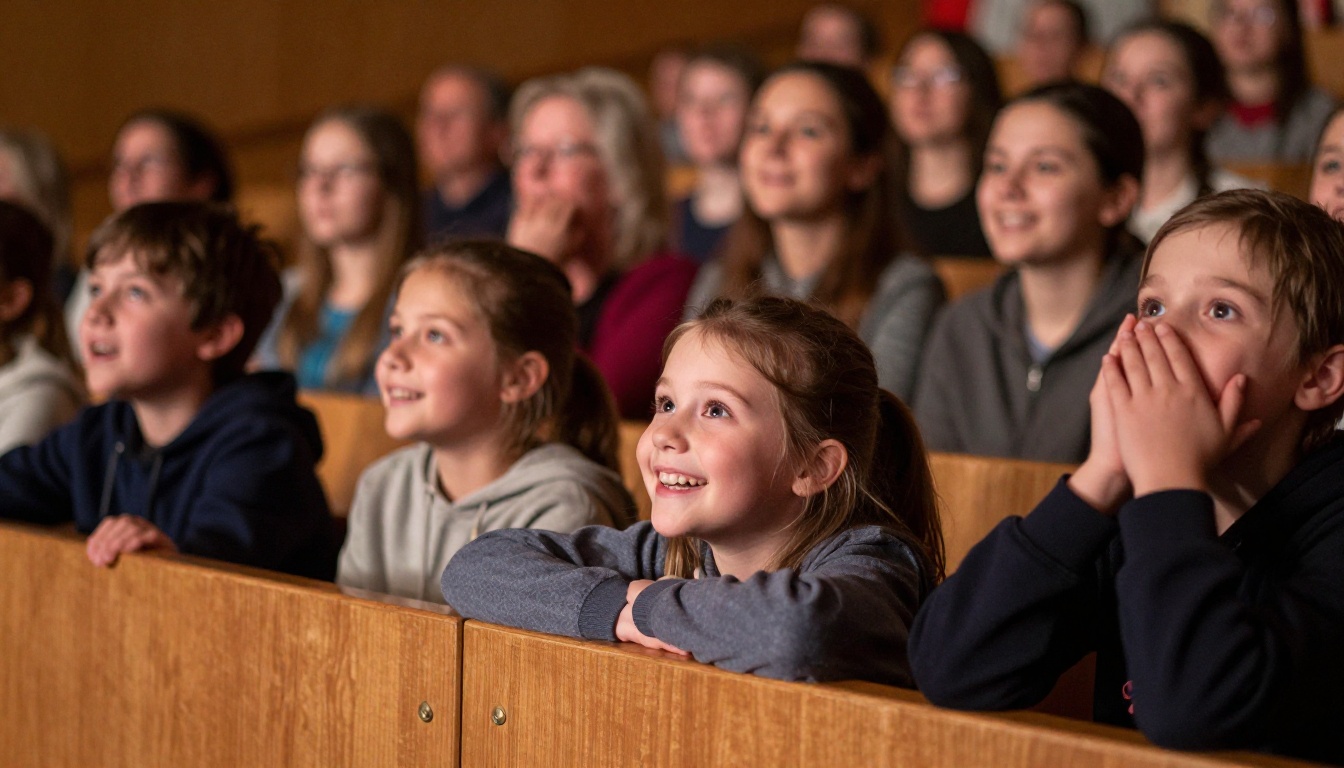 Audience of children and parents watching a puppet show, faces lit with wonder and delight Audience of children and parents watching a puppet show, faces lit with wonder and delight