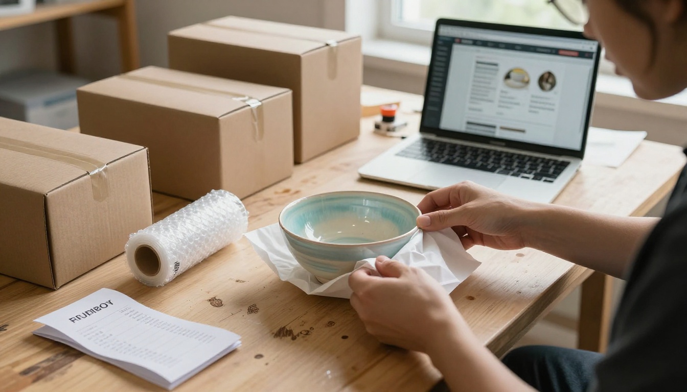 Ceramics studio owner wrapping a handmade bowl in tissue paper at a worn wooden packing table with a laptop open nearby Ceramics studio owner wrapping a handmade bowl in tissue paper at a worn wooden packing table with a laptop open nearby