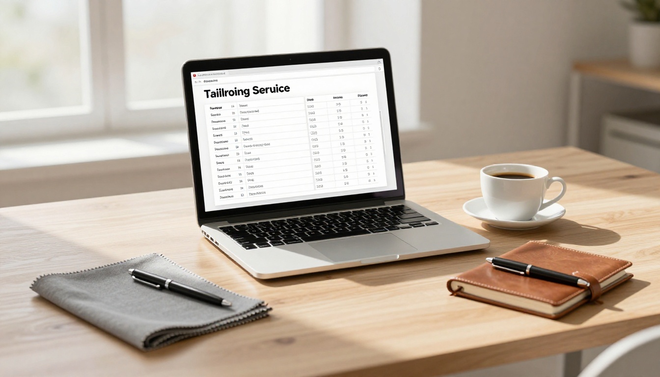 Minimal desk with open laptop showing digital tailoring price list beside espresso cup Minimal desk with open laptop showing digital tailoring price list beside espresso cup
