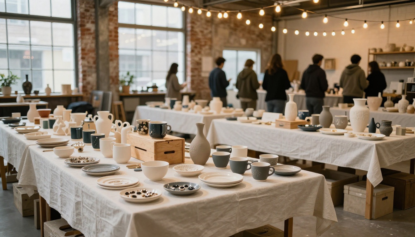 Ceramics studio open day display inside a converted warehouse with hundreds of handcrafted pieces on white linen tables and warm Edison lighting Ceramics studio open day display inside a converted warehouse with hundreds of handcrafted pieces on white linen tables and warm Edison lighting