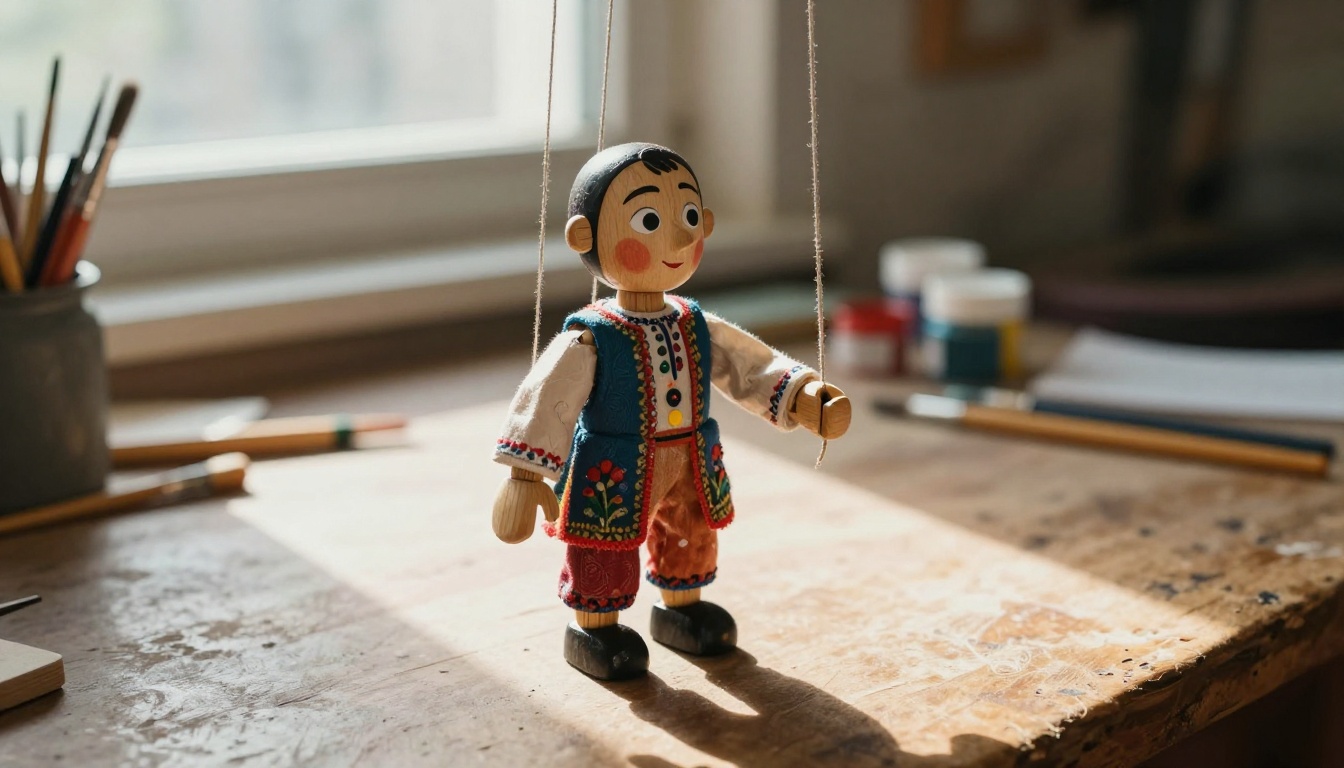 Hand-crafted marionette puppet on artisan workbench with morning light and painted face detail Hand-crafted marionette puppet on artisan workbench with morning light and painted face detail