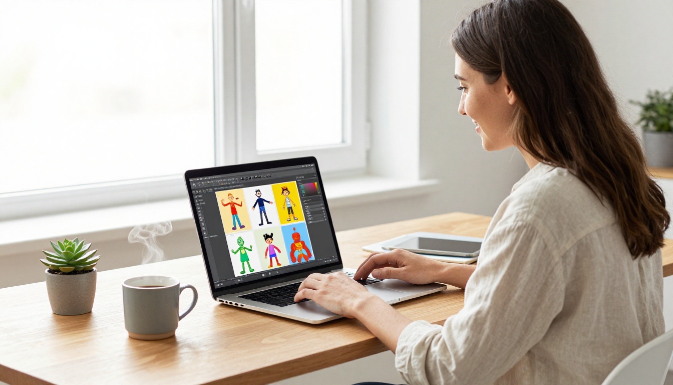 Woman designing puppet theater flipbook on laptop in minimal daylight home office Woman designing puppet theater flipbook on laptop in minimal daylight home office