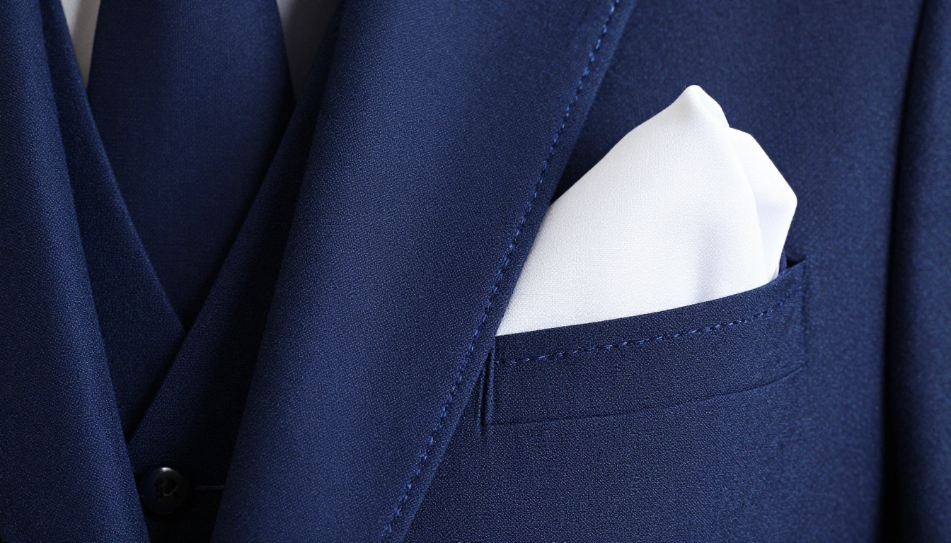 Close-up of hand-stitched navy suit lapel with silk buttonhole detail and white pocket square Close-up of hand-stitched navy suit lapel with silk buttonhole detail and white pocket square