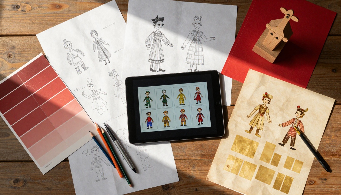 Overhead flat-lay of puppet theater design materials with sketches, color swatches, and tablet showing digital flipbook interface Overhead flat-lay of puppet theater design materials with sketches, color swatches, and tablet showing digital flipbook interface