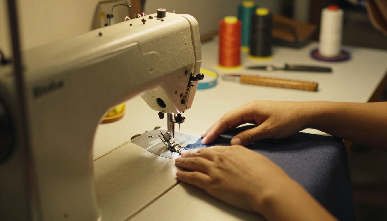 Low-angle view of sewing machine with tailor's hands guiding navy fabric at work Low-angle view of sewing machine with tailor's hands guiding navy fabric at work