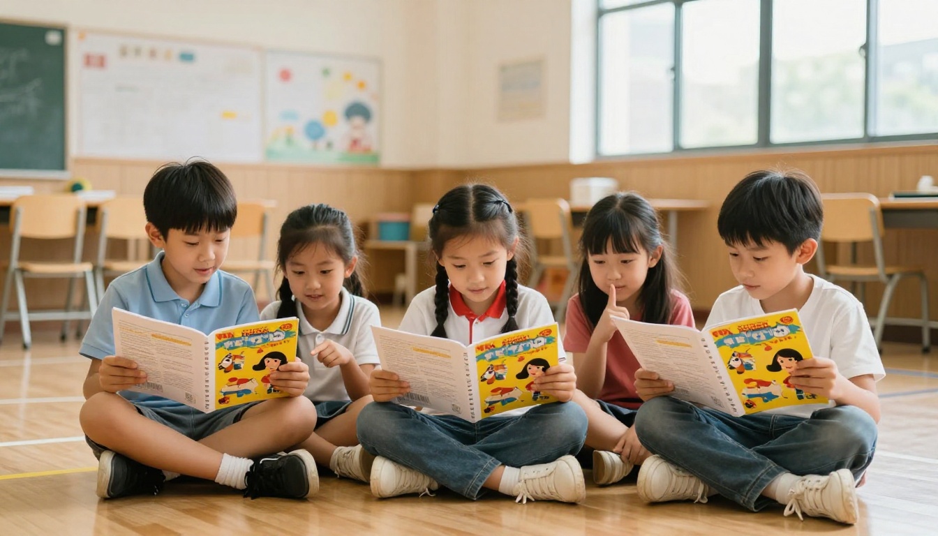 Children sitting cross-legged reading puppet theater programs at a candid school event