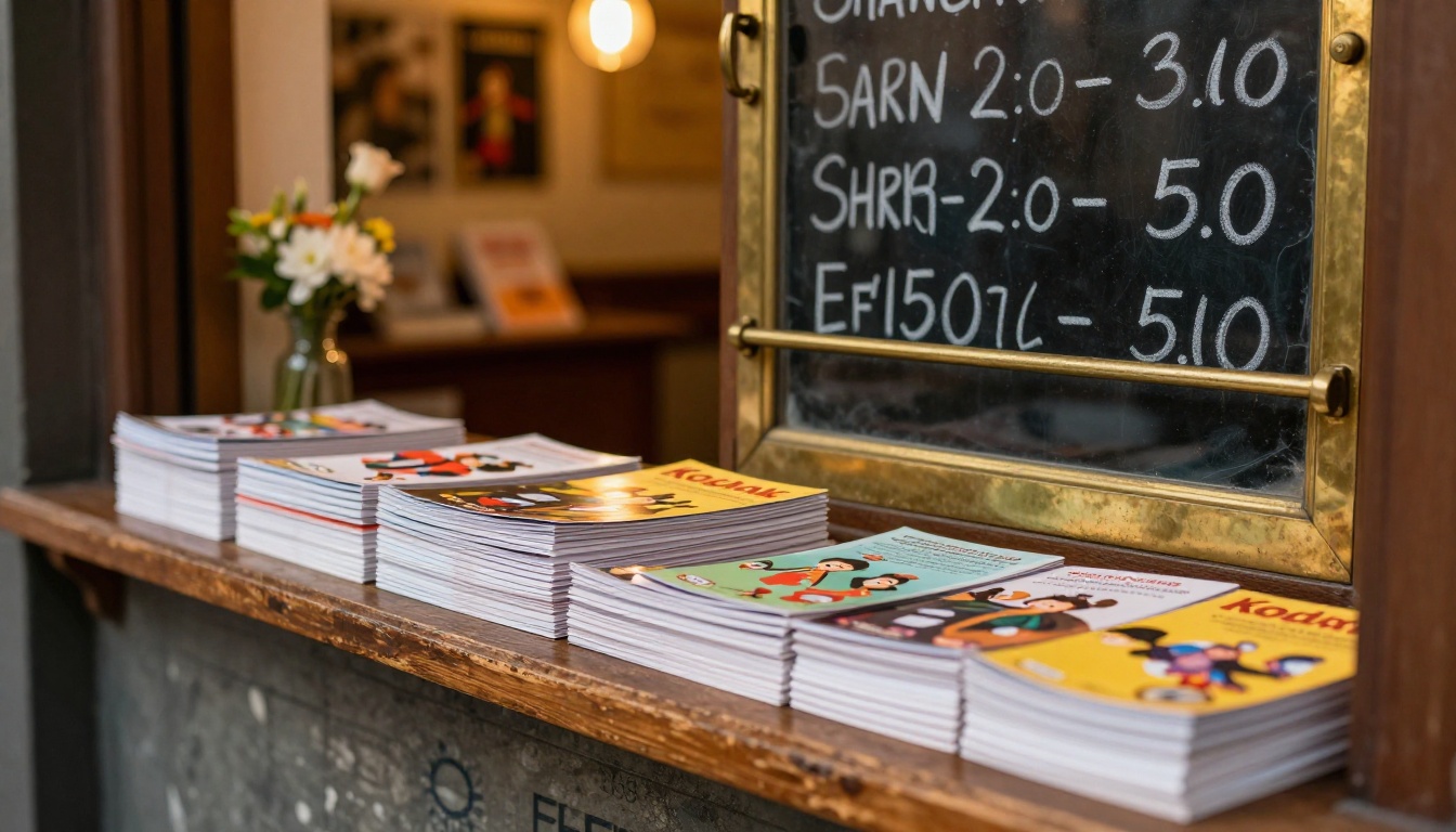 Puppet theater box office counter with neatly stacked programs under warm tungsten lighting