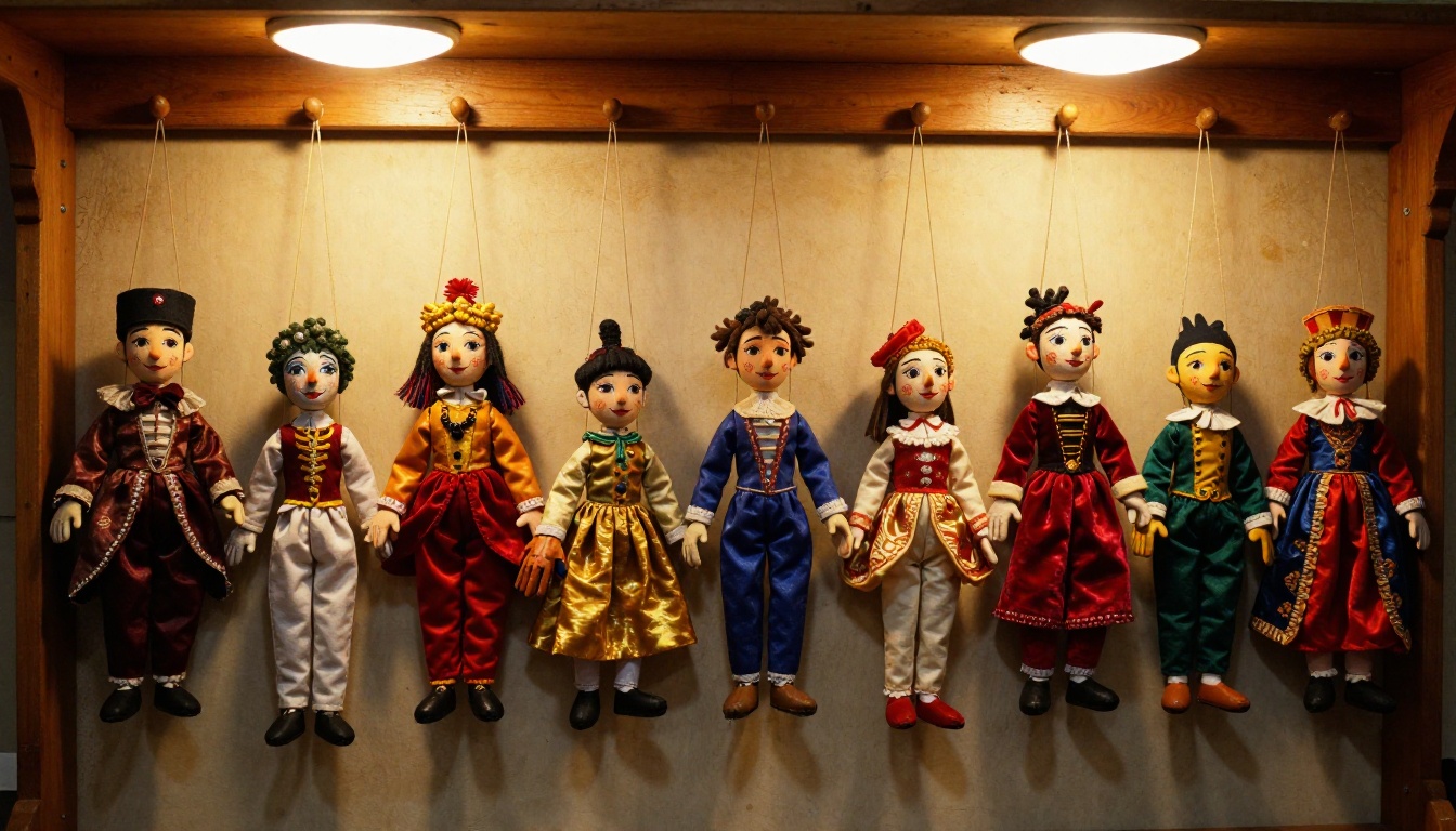 Puppet theater backstage with marionette puppets organized on wall hooks by character type, warm amber lighting