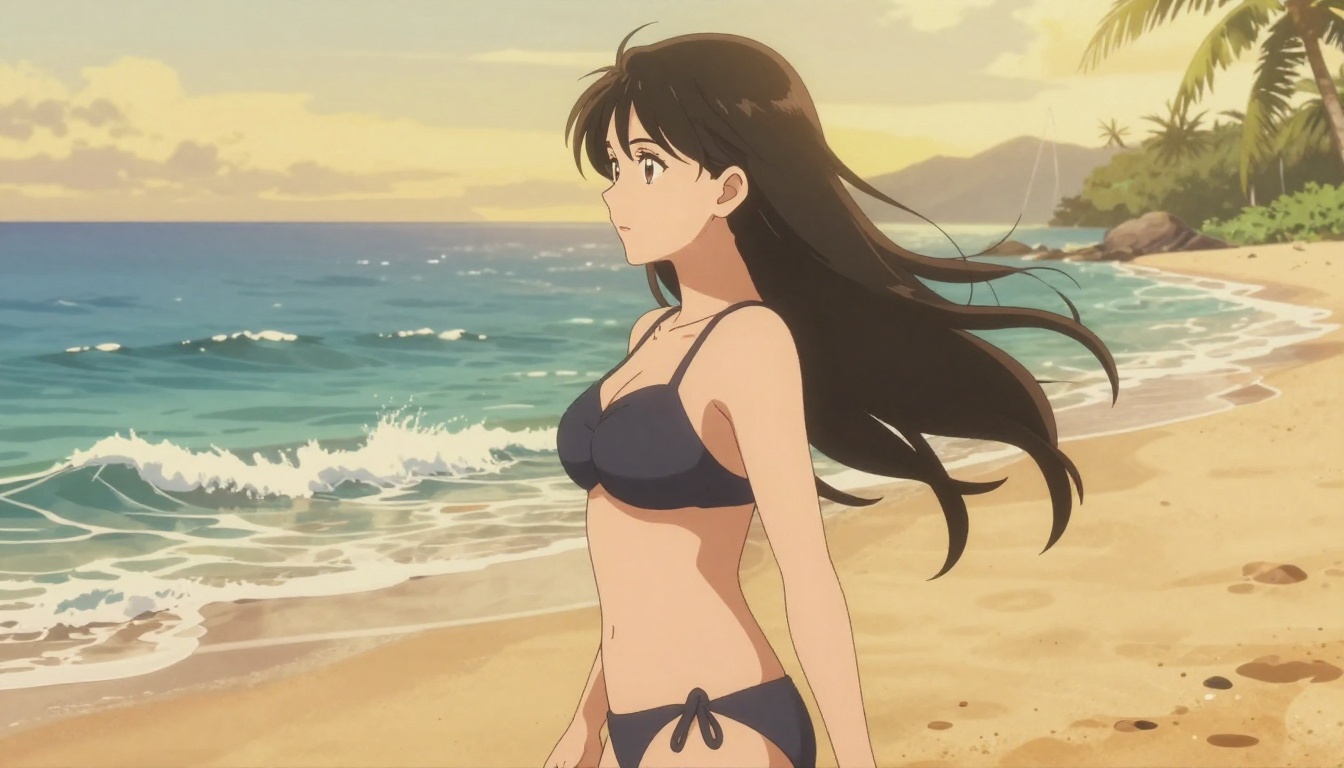 Anime-styled woman on tropical beach at golden hour with ocean waves and rim lighting