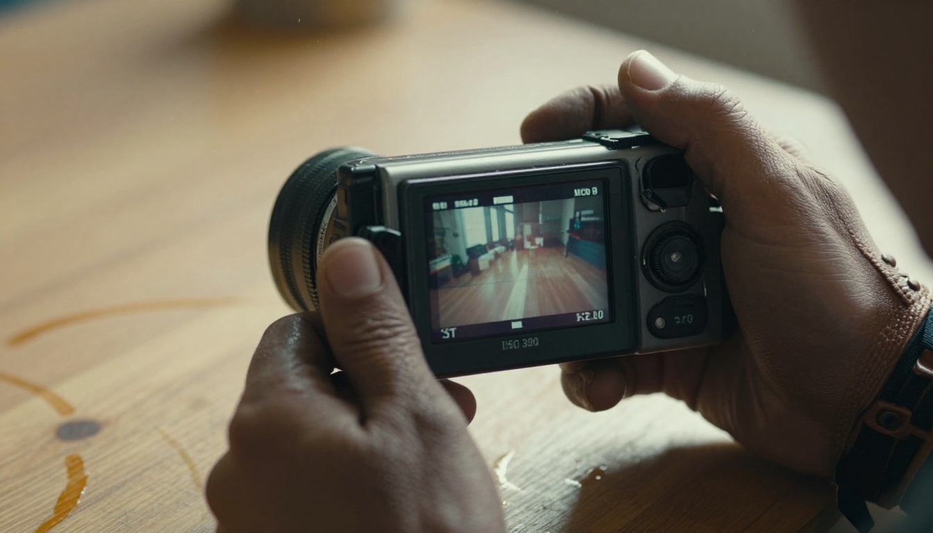 Filmmaker holding vintage camcorder with blurry pixelated LCD screen