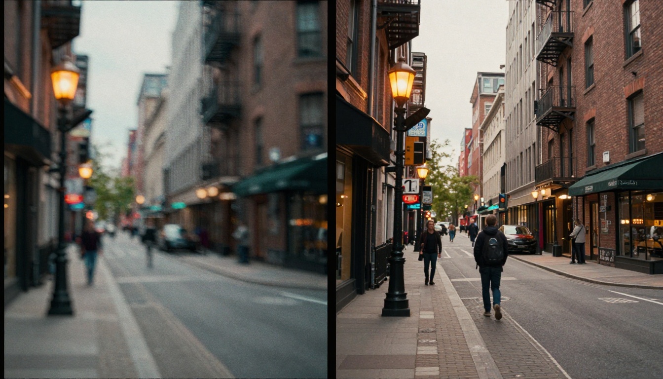 Before and after split-screen comparison of low and restored video quality on a professional monitor