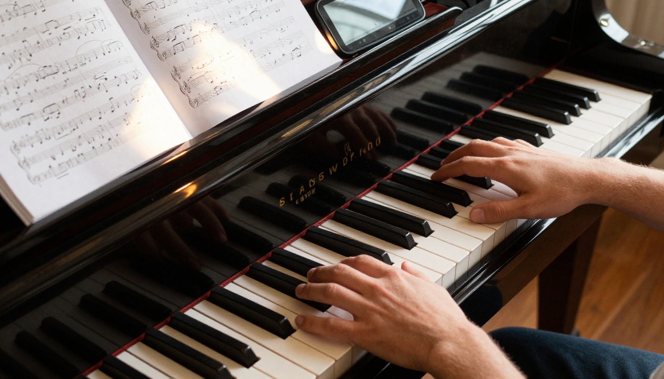 Piano keys and sheet music in a professional studio setting Piano keys and sheet music in a professional studio setting