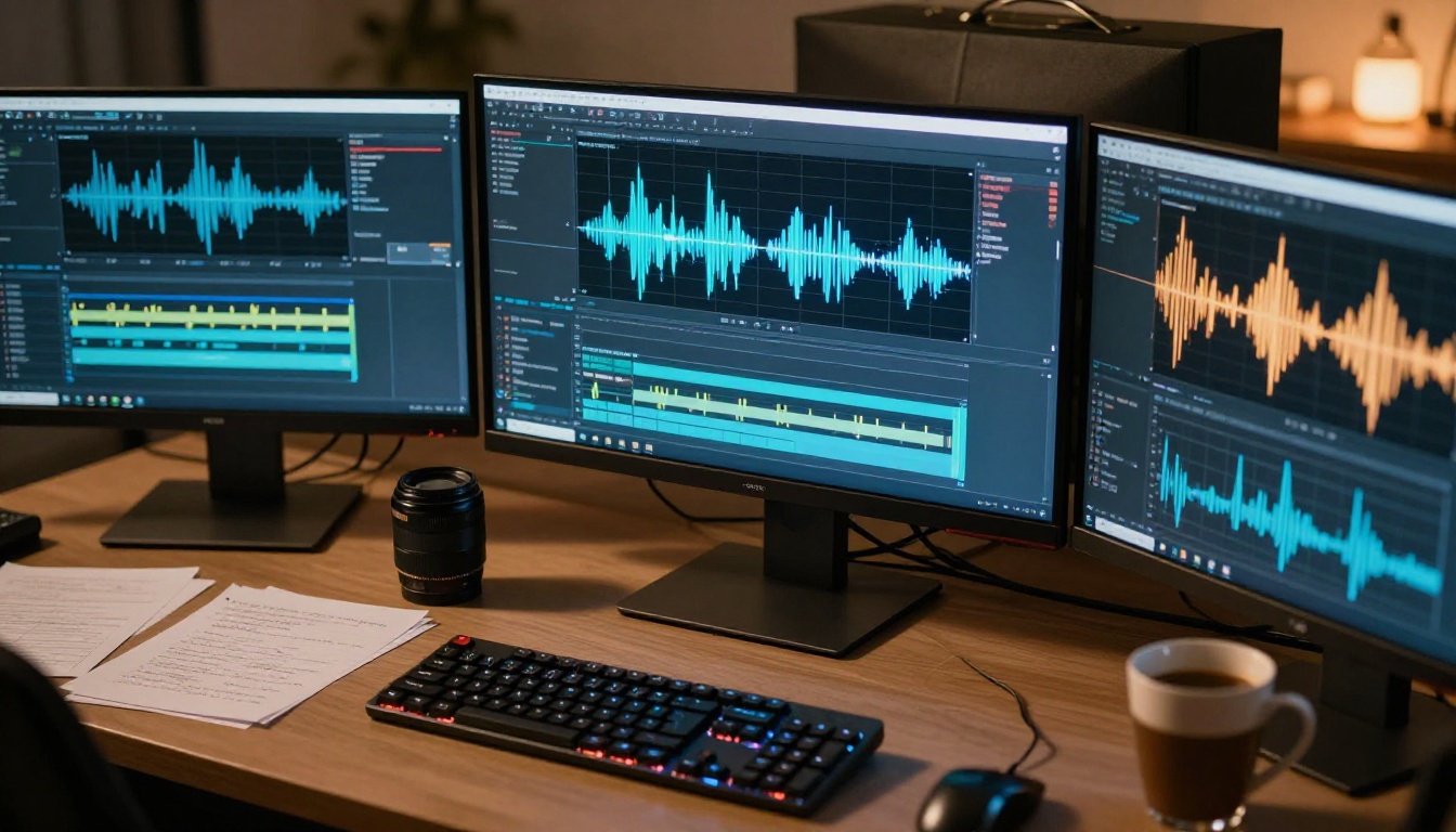 Overhead view of AI video processing workstation with multiple monitors