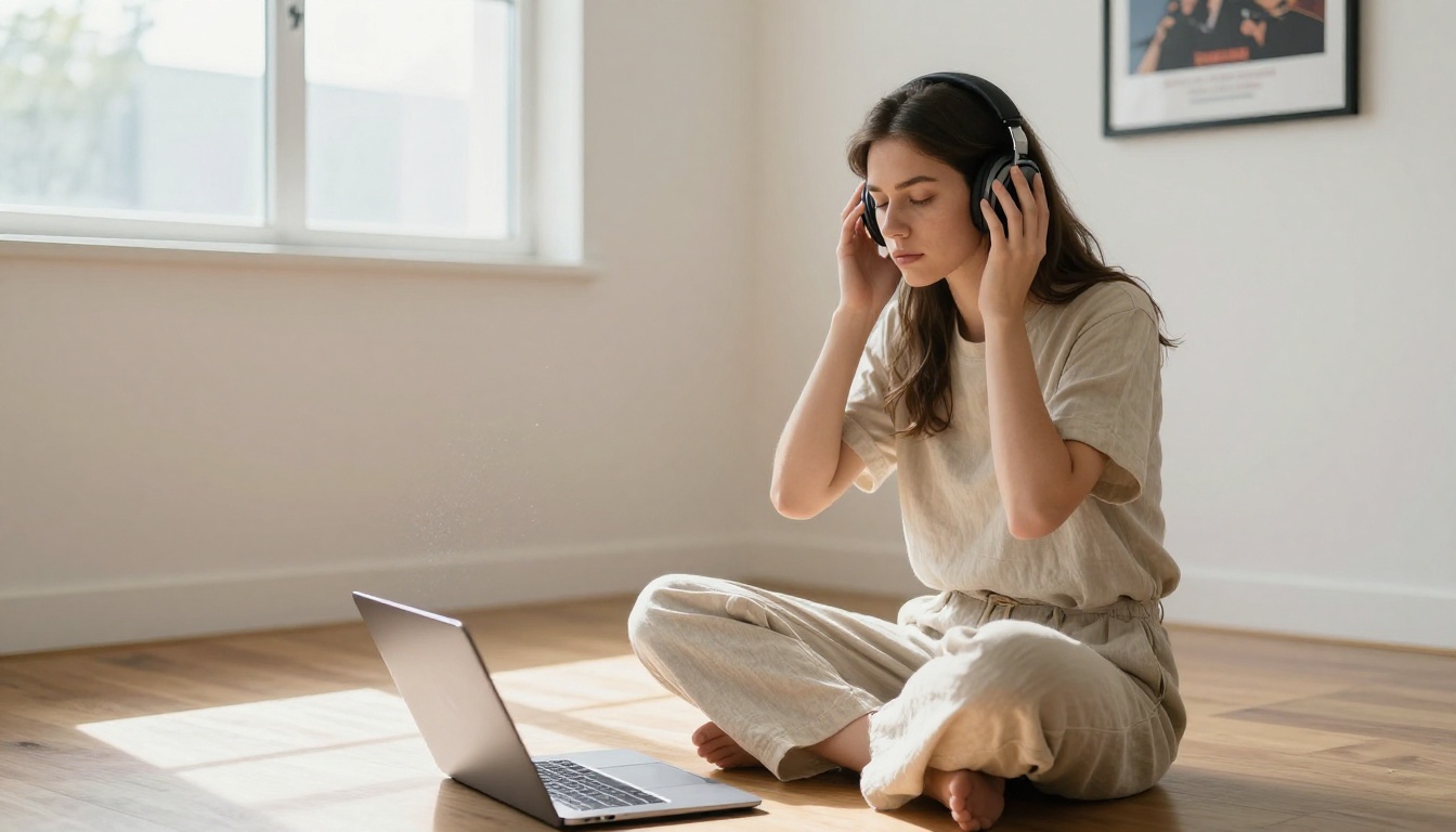 Young woman listening to AI-generated music through headphones Young woman listening to AI-generated music through headphones