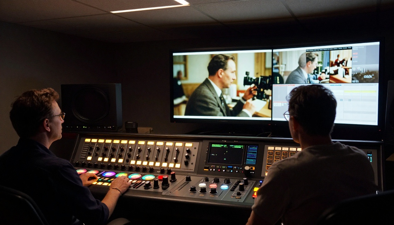 Cinematographer reviewing restored archival footage in a professional color grading suite